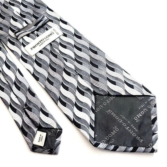 Pronto Uomo Gray Woven Geometric Long Wide Silk Tie - Picture 5 of 6